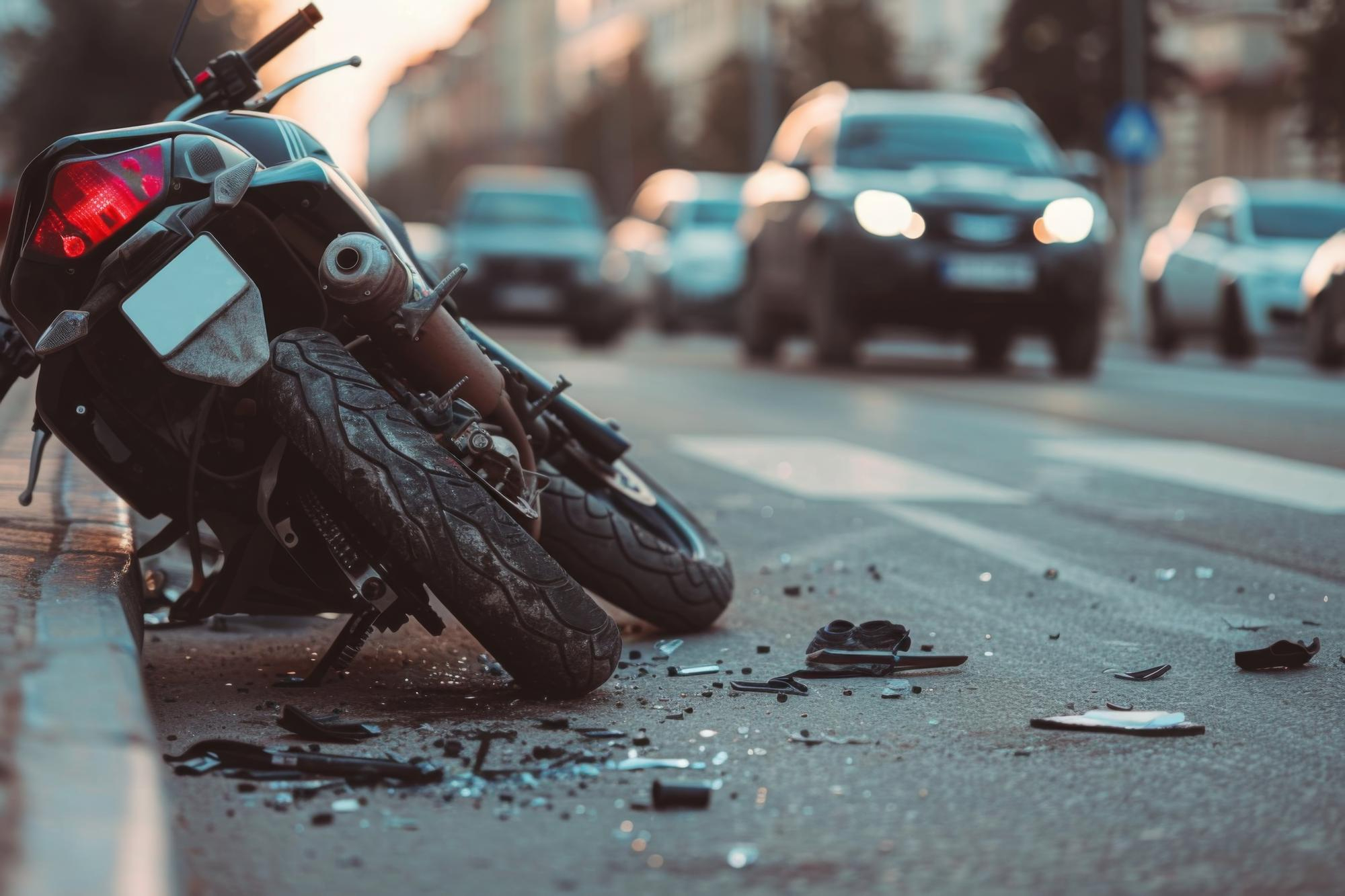 Luogo di un incidente mortale in moto con fiori commemorativi sulla strada